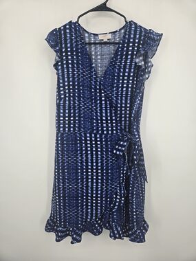 LOFT Navy Blue Patterned Wrap Romper with Ruffle Hem 12P